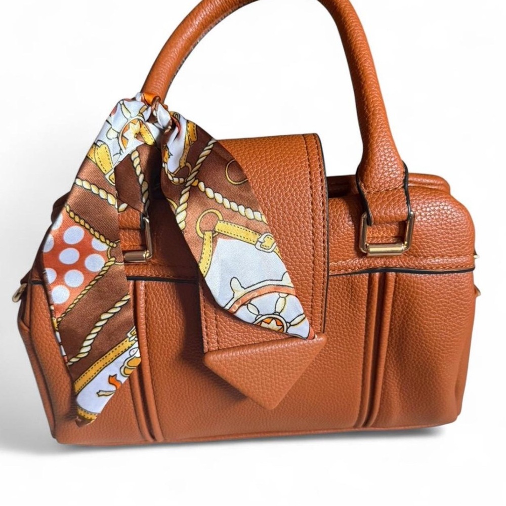 Elegant REAL LEATHER Brown Satchel with Scarf Accent & Wallet